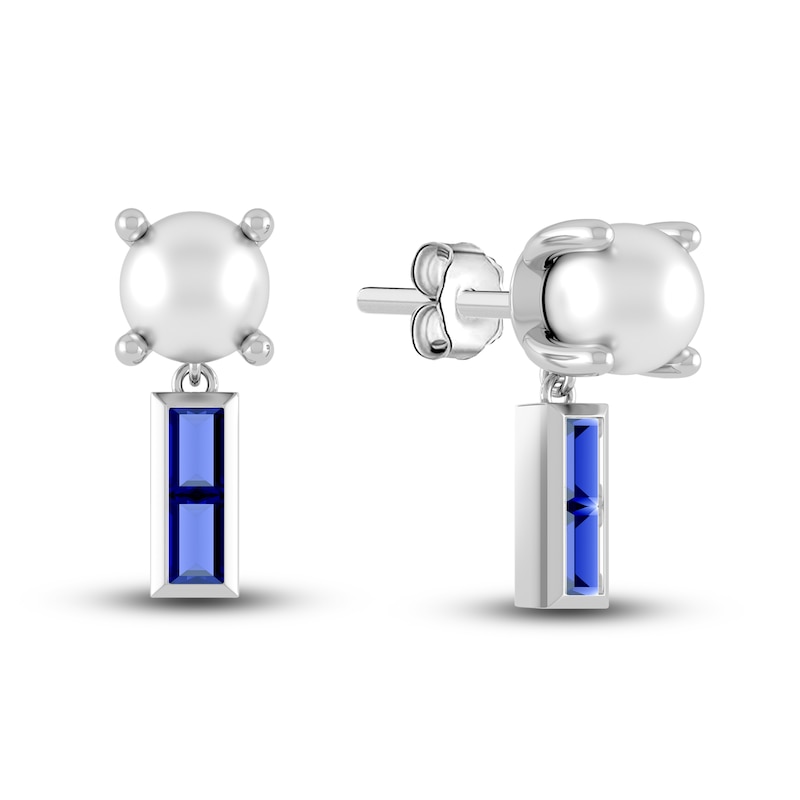 Juliette Maison Lab-Created Blue Sapphire Baguette and Cultured Freshwater Pearl Earrings 10K White Gold