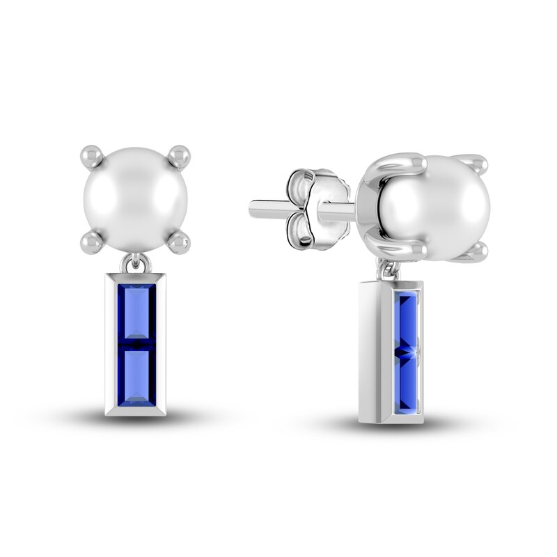 Main Image 1 of Juliette Maison Natural Blue Sapphire Baguette and Freshwater Cultured Pearl Earrings 10K White Gold