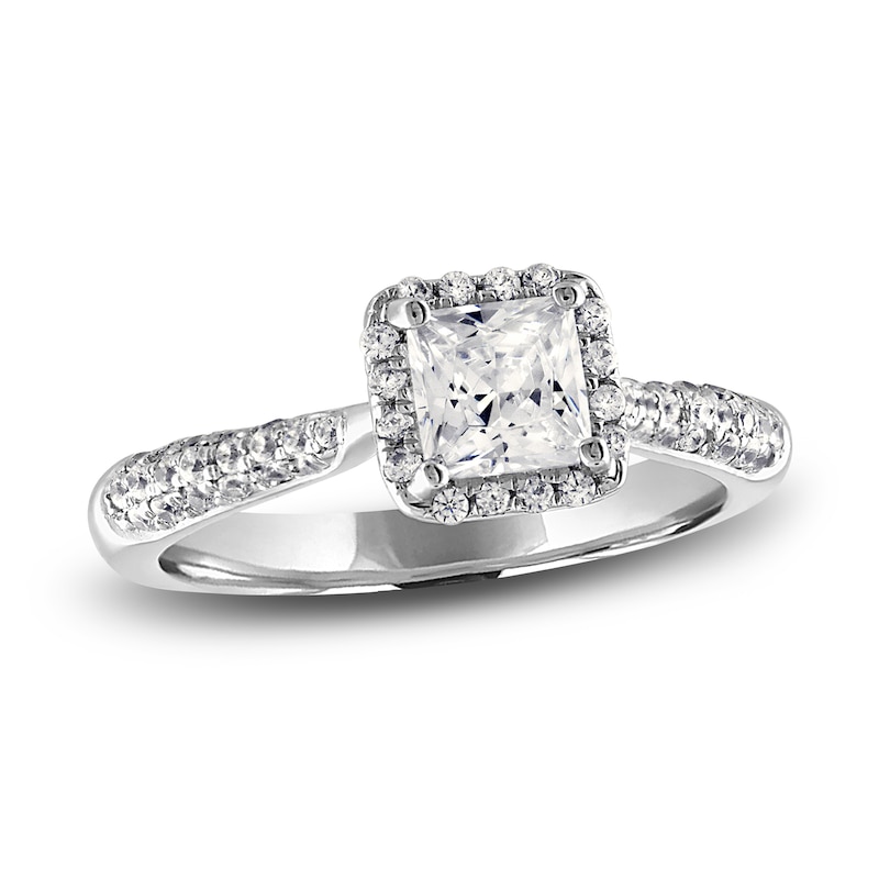 Main Image 1 of Diamond Halo Engagement Ring 1-1/6 ct tw Princess/Round 14K White Gold