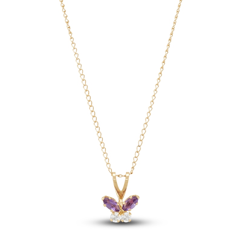 Main Image 1 of Children's Natural Amethyst & Natural White Topaz Butterfly Necklace 14K Yellow Gold  13"