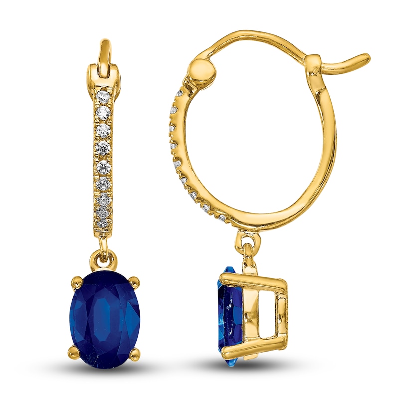 Natural Blue Sapphire Dangle Earrings 1/10 ct tw Diamonds 14K Yellow Gold