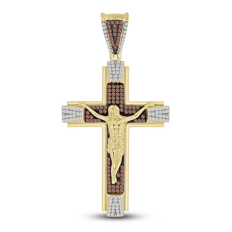 Main Image 1 of The New Fashioned Men's Bourbon-Colored & White Diamond Cross Charm 1/2 ct tw Round 10K Yellow Gold