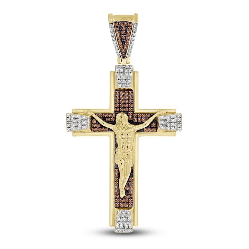 Bourbon-Colored Diamonds Men's White & Brown Diamond Cross Charm 1/2 ct tw Round 10K Yellow Gold