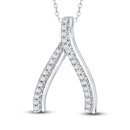 Diamond Wishbone Pendant Necklace 1/8 ct tw Round 14K White Gold 18"
