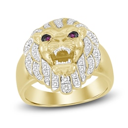 Men's Diamond & Lab Created Ruby Lion Ring 1/2 ct tw Round 10K Yellow Gold