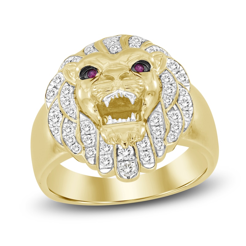 Men's Diamond & Lab Created Ruby Lion Ring 1/2 ct tw Round 10K Yellow Gold