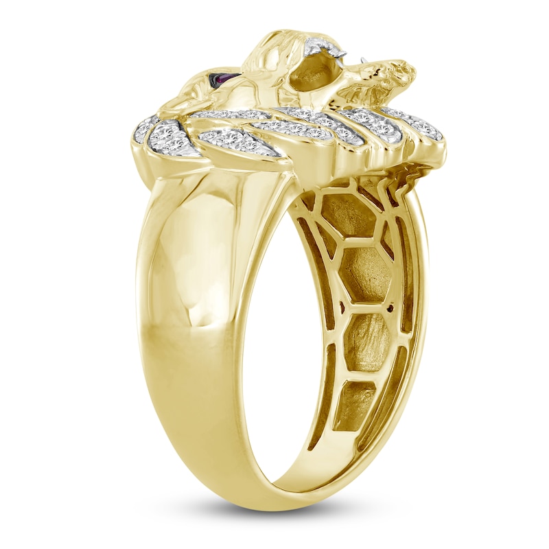 Main Image 2 of Men's Diamond & Lab Created Ruby Lion Ring 1/2 ct tw Round 10K Yellow Gold