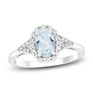 Oval-Cut Natural Aquamarine & Diamond Ring 1/5 ct tw 10K White Gold