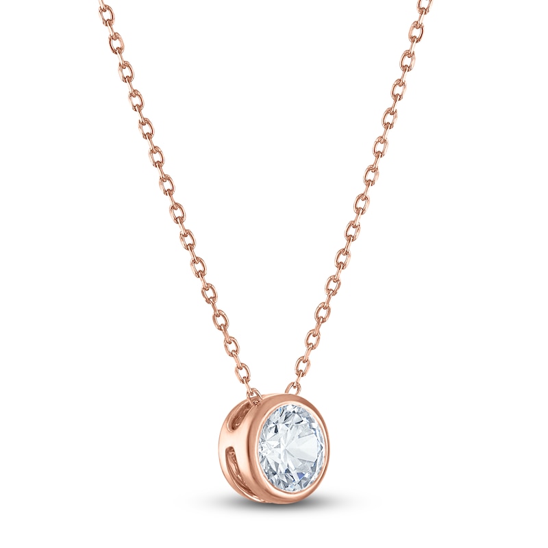 Main Image 2 of Certified Round-Cut Diamond Bezel-Set Solitaire Necklace 1 ct tw 14K Rose Gold 18" (I1/I)