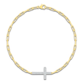 Diamond Sideways Cross Paperclip Chain Bracelet 1/8 ct tw 10K Yellow Gold 7.5"