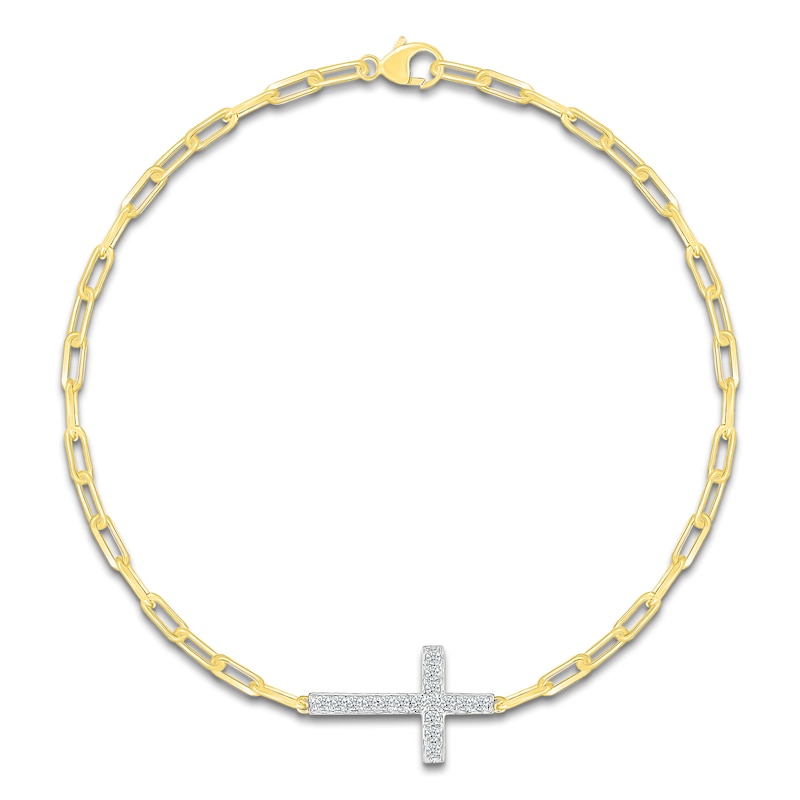 Main Image 1 of Diamond Sideways Cross Paperclip Chain Bracelet 1/8 ct tw 10K Yellow Gold 7.5"