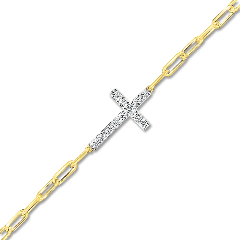 Main Image 2 of Diamond Sideways Cross Paperclip Chain Bracelet 1/8 ct tw 10K Yellow Gold 7.5"