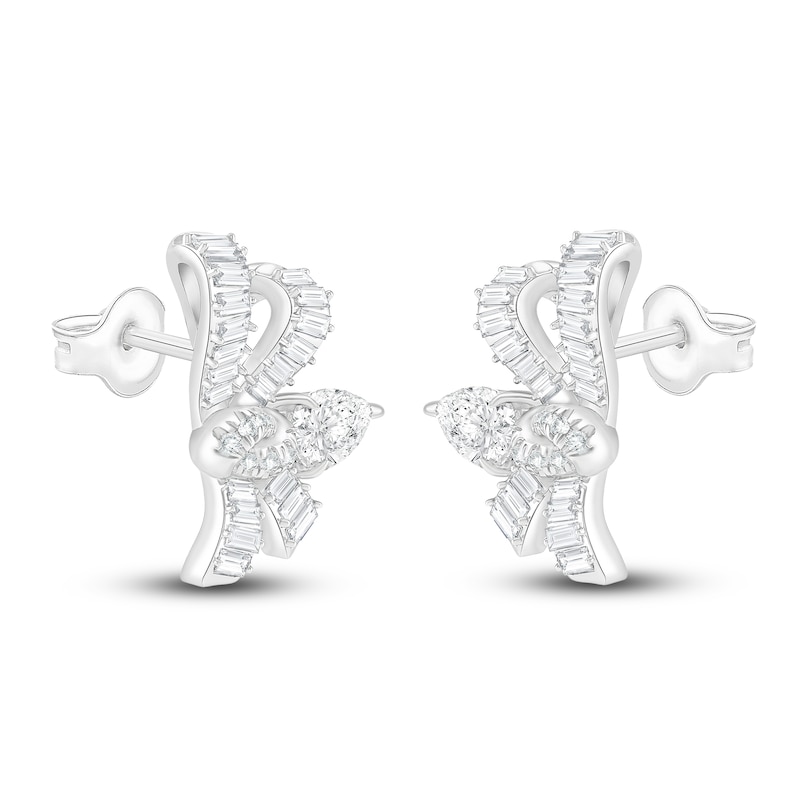 Main Image 2 of Pear, Baguette & Round-Cut Lab-Grown Diamond Bow Stud Earrings 2 ct tw 14K White Gold