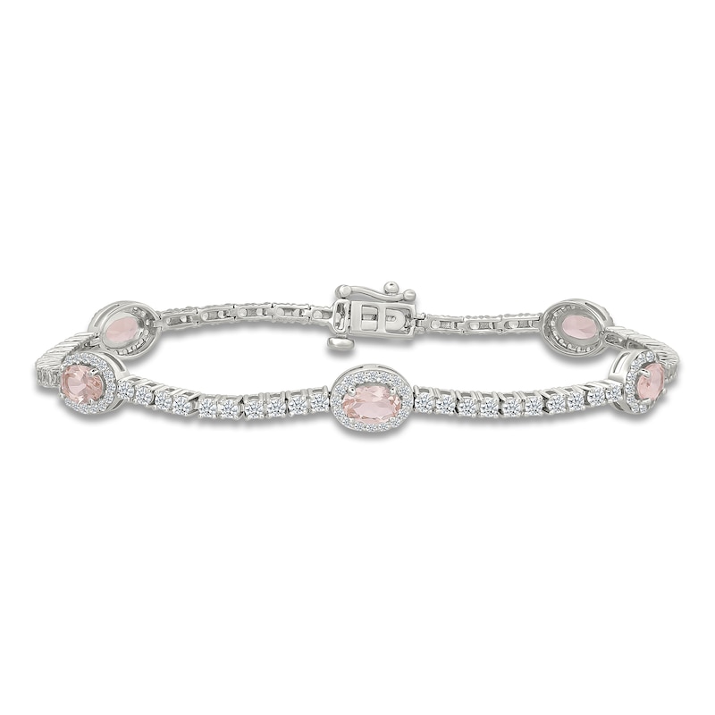 Main Image 1 of Oval-Cut Natural Morganite & White Lab-Created Sapphire Station Bracelet Sterling Silver 7"