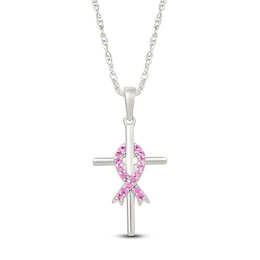 Pink Lab-Created Sapphire Ribbon & Cross Necklace Sterling Silver 18"