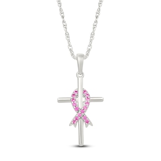 Pink Lab-Created Sapphire Ribbon & Cross Necklace Sterling Silver 18"