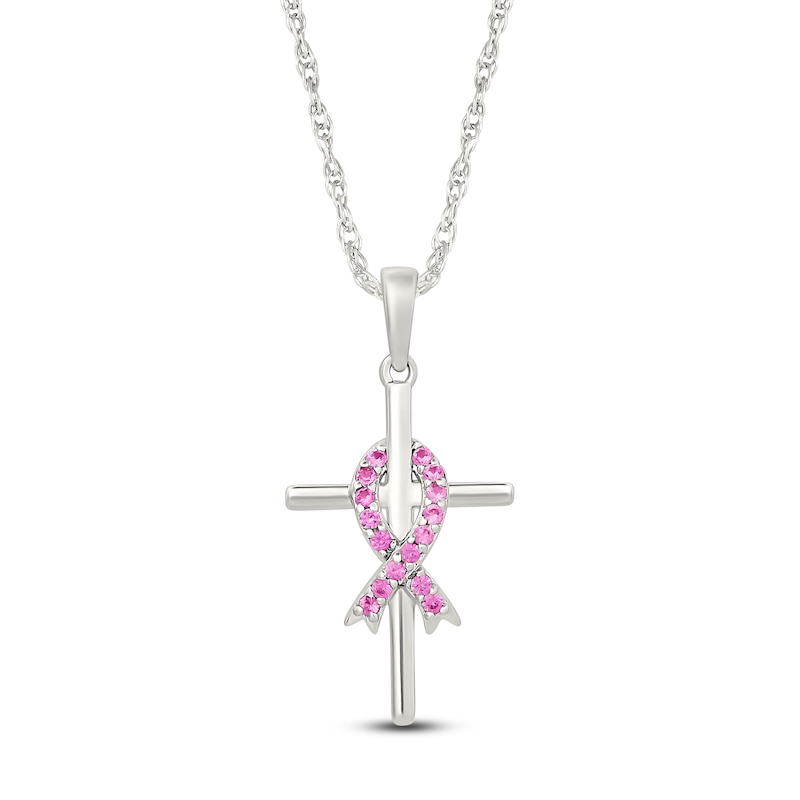 Main Image 1 of Pink Lab-Created Sapphire Ribbon & Cross Necklace Sterling Silver 18"