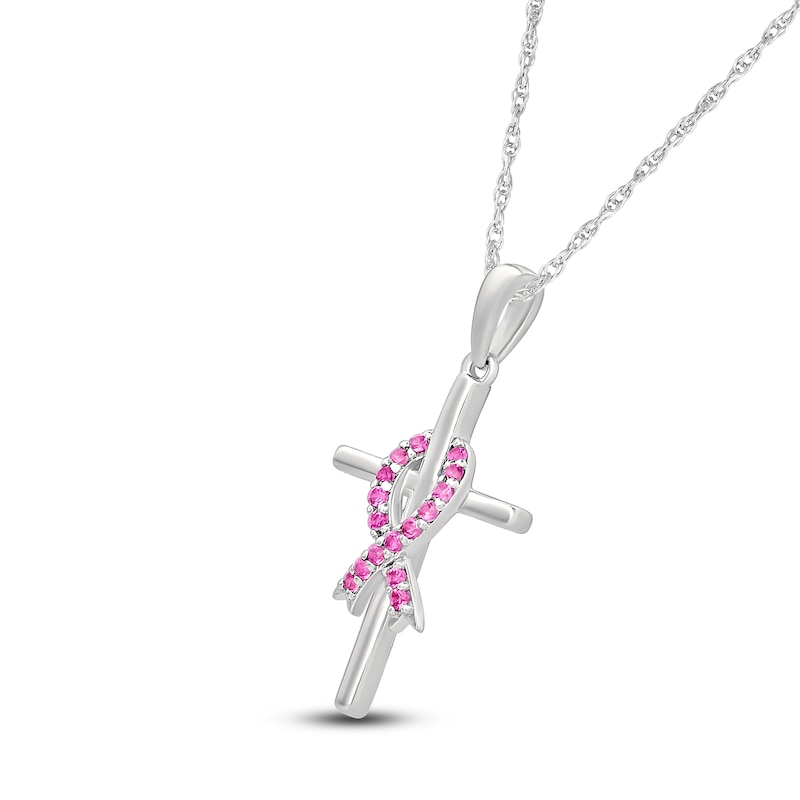 Main Image 2 of Pink Lab-Created Sapphire Ribbon & Cross Necklace Sterling Silver 18"