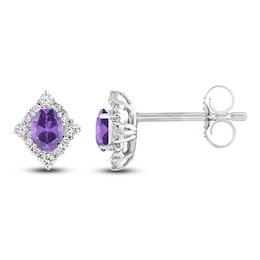 Oval-Cut Natural Amethyst & Diamond Frame Stud Earrings 1/8 ct tw 14K White Gold