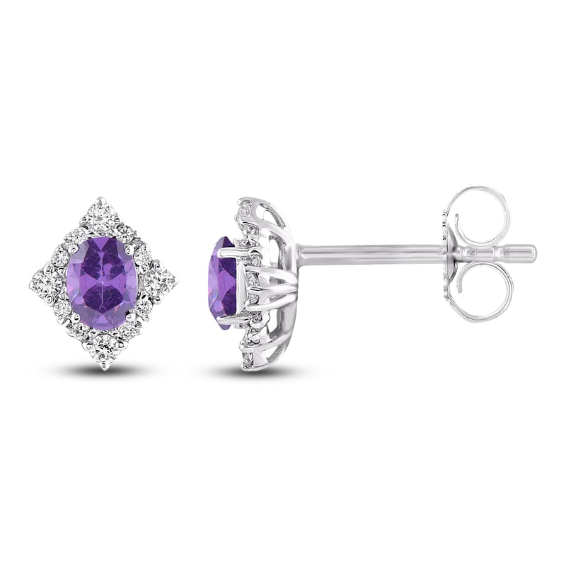 Main Image 1 of Oval-Cut Natural Amethyst & Diamond Frame Stud Earrings 1/8 ct tw 14K White Gold
