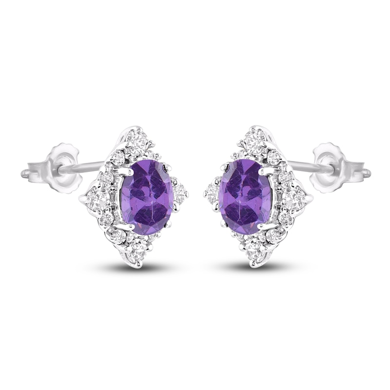 Main Image 2 of Oval-Cut Natural Amethyst & Diamond Frame Stud Earrings 1/8 ct tw 14K White Gold
