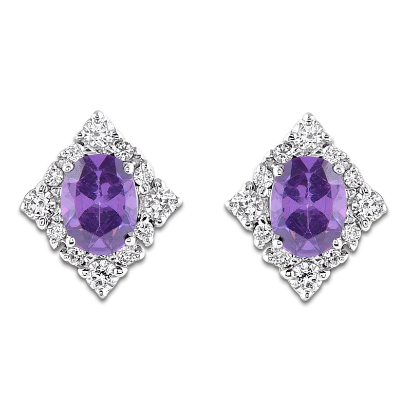 Main Image 3 of Oval-Cut Natural Amethyst & Diamond Frame Stud Earrings 1/8 ct tw 14K White Gold