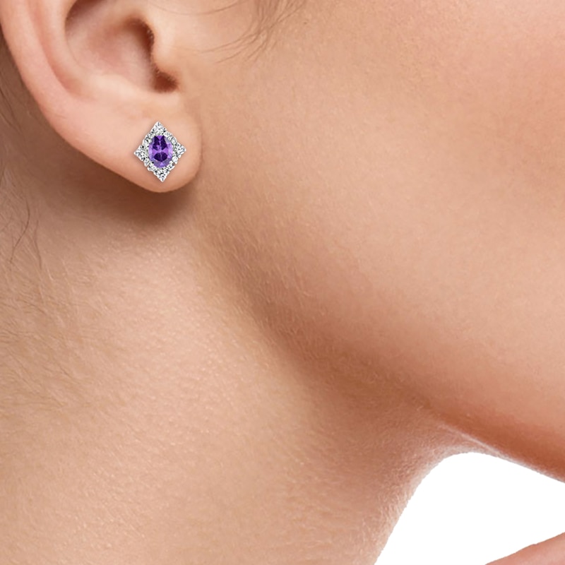 Main Image 4 of Oval-Cut Natural Amethyst & Diamond Frame Stud Earrings 1/8 ct tw 14K White Gold