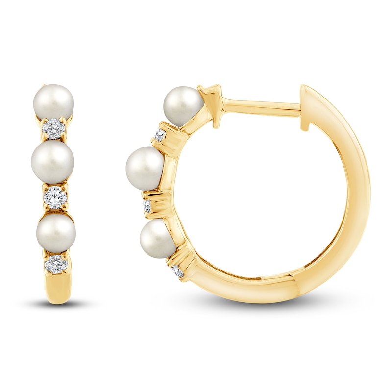 Main Image 1 of Cultured Pearl & Lab-Grown Diamond Hoop Earrings 1/8 ct tw 14K Yellow Gold