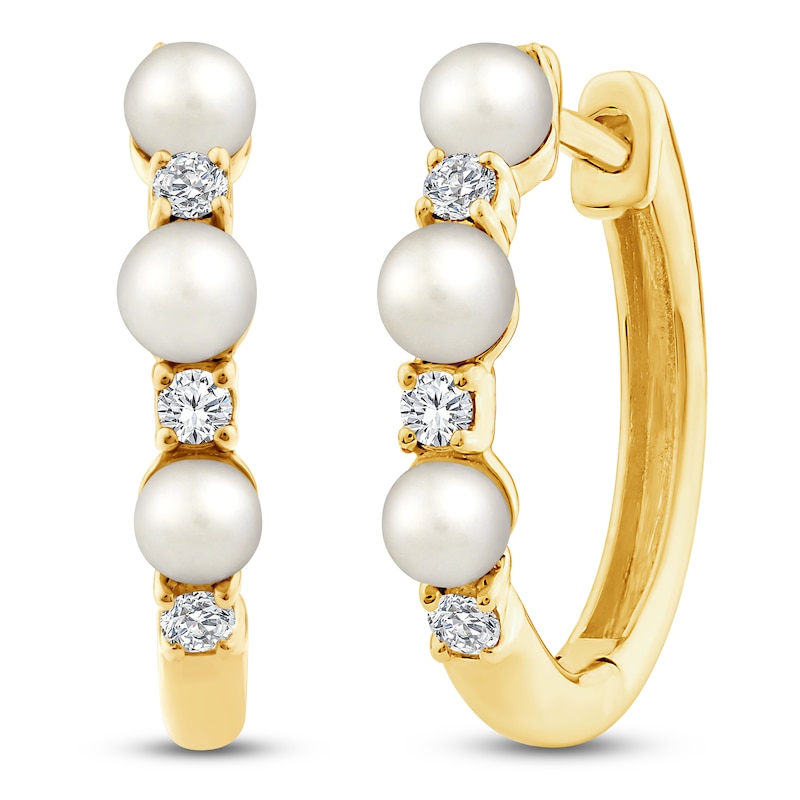 Main Image 2 of Cultured Pearl & Lab-Grown Diamond Hoop Earrings 1/8 ct tw 14K Yellow Gold