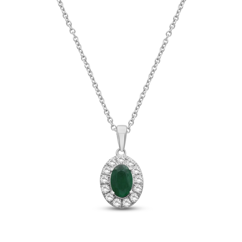 Main Image 1 of Oval-Cut Natural Emerald & Diamond Halo Necklace 1/4 ct tw 10K White Gold