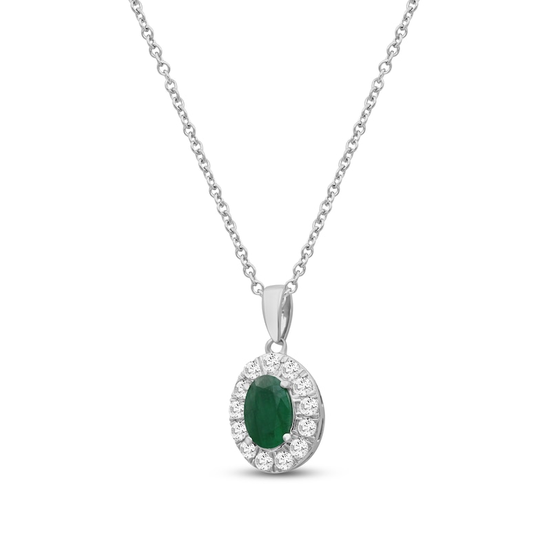 Main Image 2 of Oval-Cut Natural Emerald & Diamond Halo Necklace 1/4 ct tw 10K White Gold