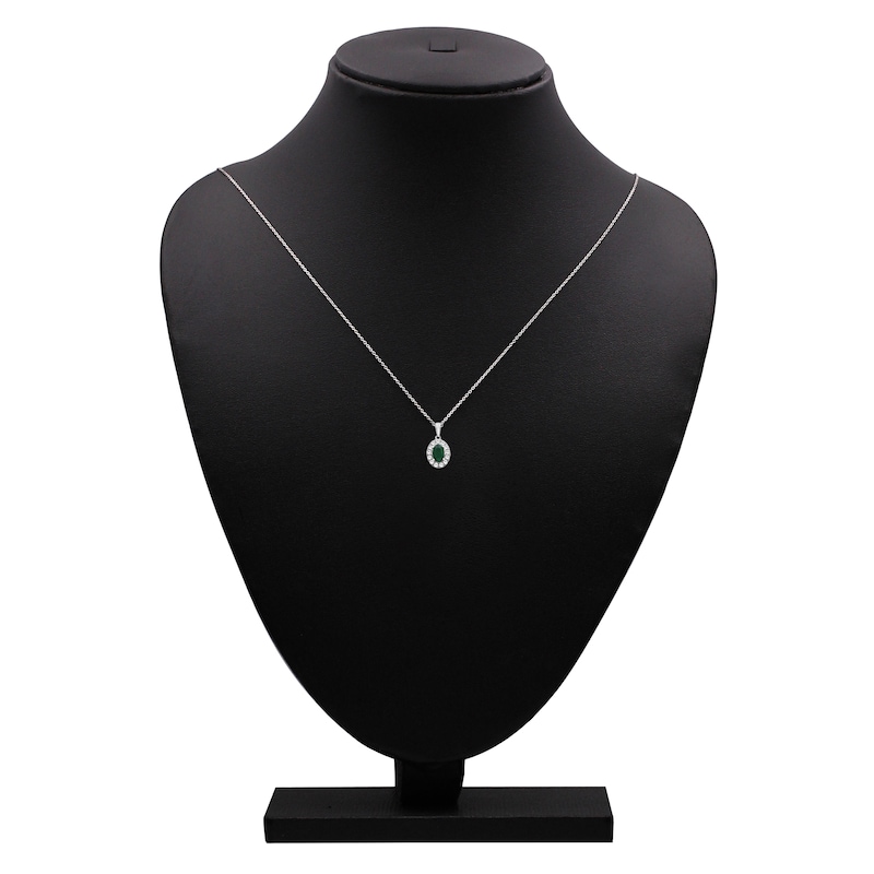 Main Image 4 of Oval-Cut Natural Emerald & Diamond Halo Necklace 1/4 ct tw 10K White Gold