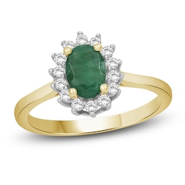 Oval-Cut Emerald & Diamond Starburst Halo Ring 1/5 ct tw 14K Yellow Gold