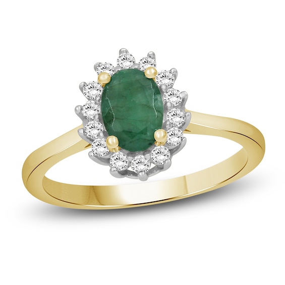Oval-Cut Emerald & Diamond Starburst Halo Ring 1/5 ct tw 14K Yellow Gold