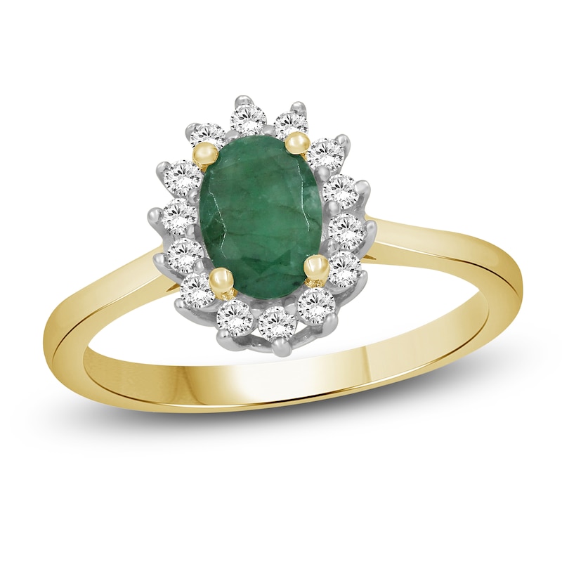 Main Image 1 of Oval-Cut Emerald & Diamond Starburst Halo Ring 1/5 ct tw 14K Yellow Gold