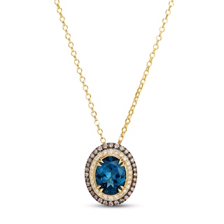 Le Vian Oval-Cut Natural London Blue Topaz Double Halo Necklace 3/8 ct tw Diamonds 14K Honey Gold 19"