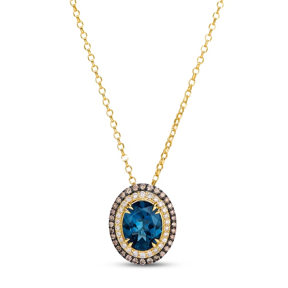 Le Vian Oval-Cut Natural London Blue Topaz Double Halo Necklace 3/8 ct tw Diamonds 14K Honey Gold 19"