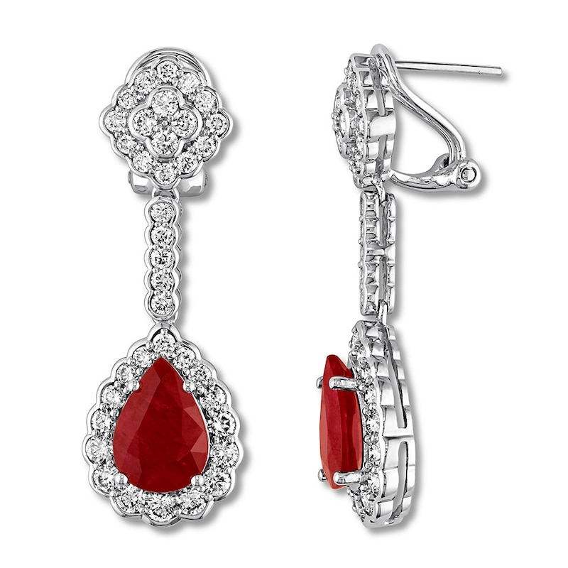Natural Ruby Drop Earrings 2-7/8 ct tw Diamonds 14K White Gold