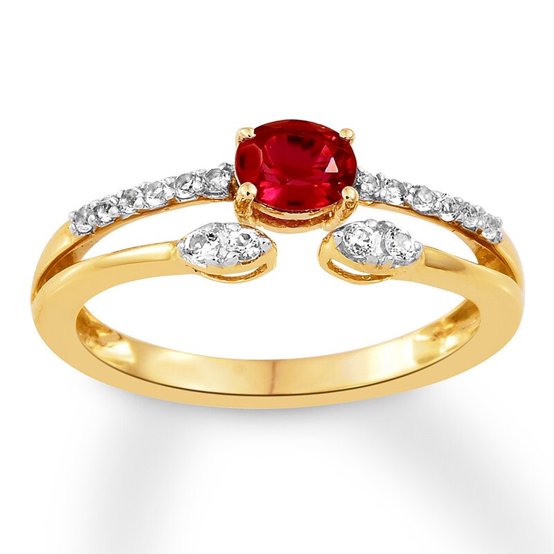 Lab-Created Ruby Ring White Topaz Accents 10K Yellow Gold
