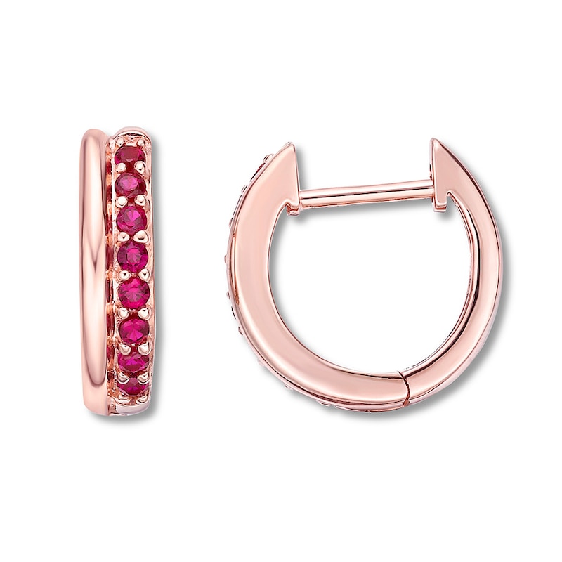 Main Image 1 of Lab-Created Ruby Hoop Earrings 10K Rose Gold