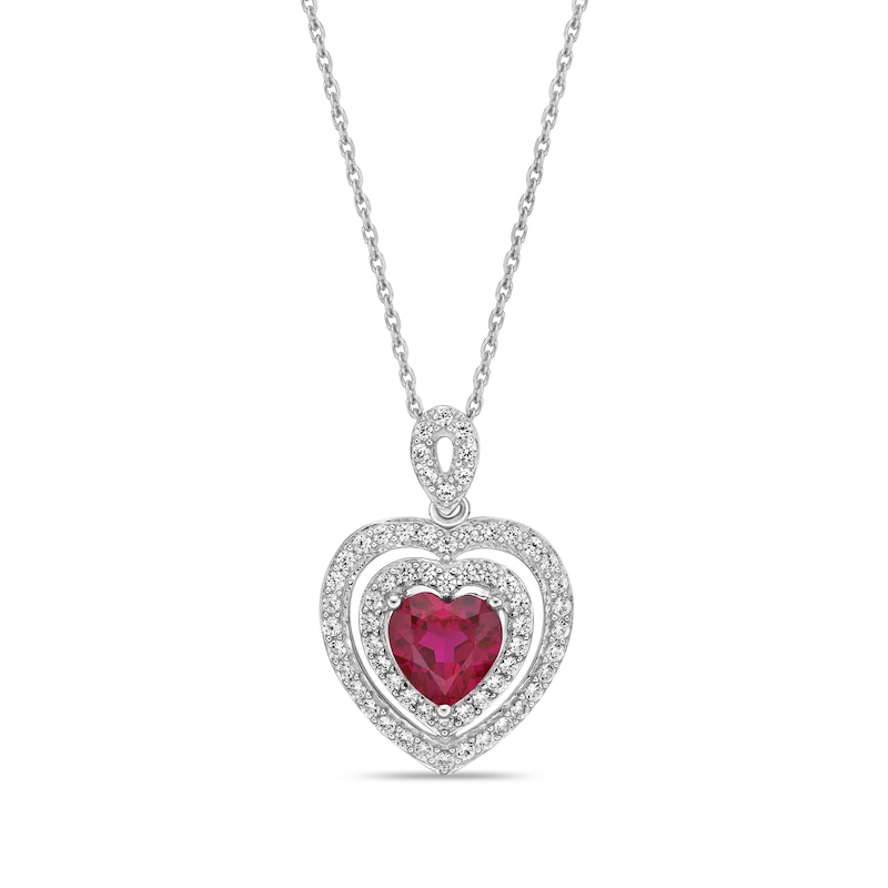 Main Image 1 of Lab-Created Ruby & White Lab-Created Sapphire Heart Necklace Sterling Silver