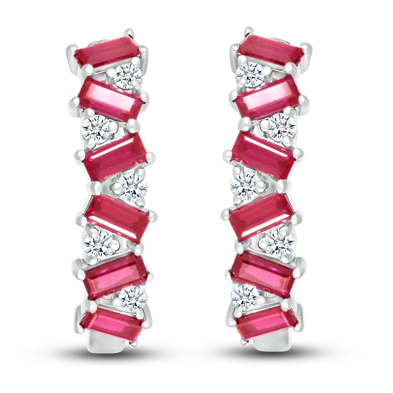 Main Image 2 of Lab-Created Ruby & White Lab-Created Sapphire Hoop Earrings Sterling Silver