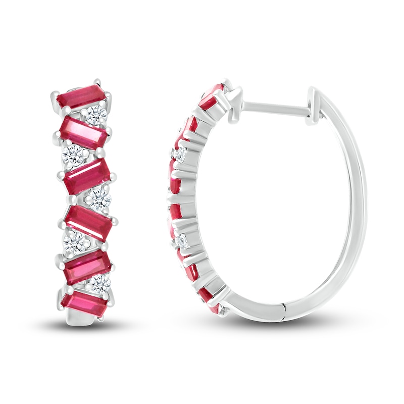 Main Image 3 of Lab-Created Ruby & White Lab-Created Sapphire Hoop Earrings Sterling Silver