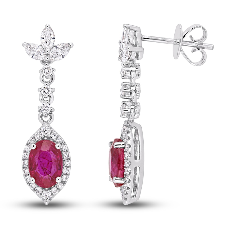 Natural Ruby Dangle Earrings 3/4 ct tw Diamonds 14K White Gold