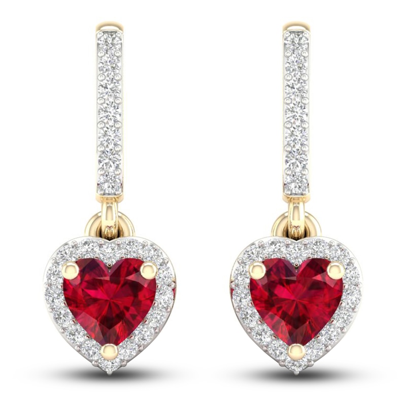 Natural Ruby Heart Dangle Earrings 1/8 ct tw Diamonds 14K Yellow Gold