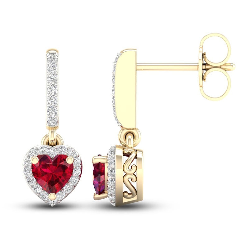 Natural Ruby Heart Dangle Earrings 1/8 ct tw Diamonds 14K Yellow Gold