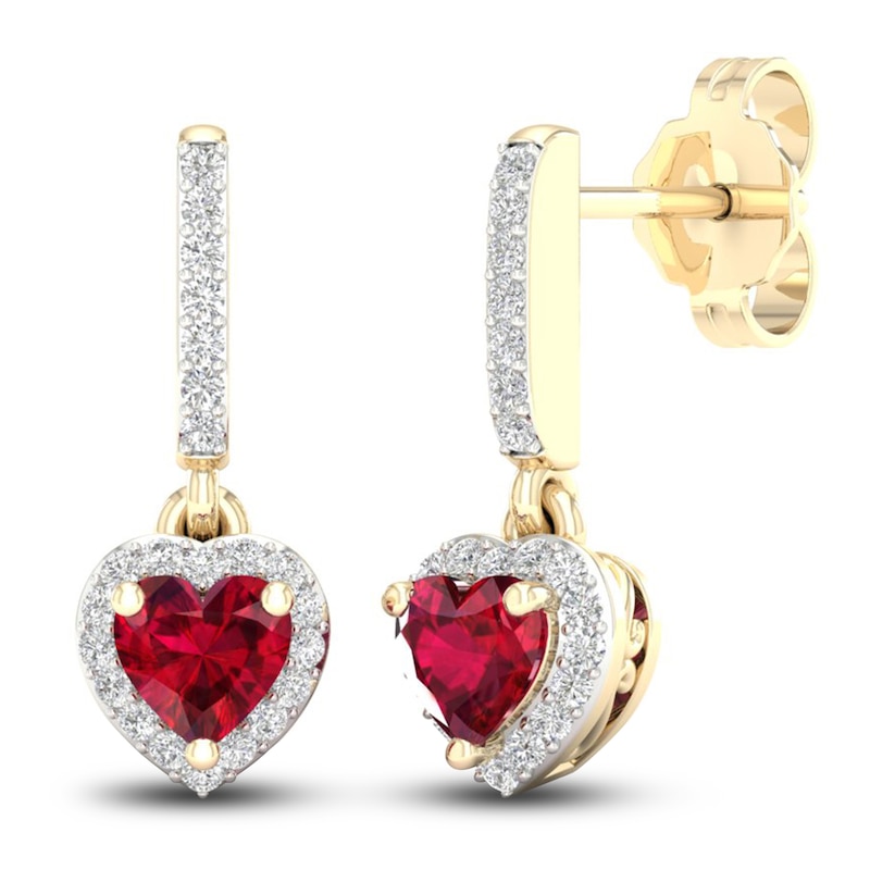 Natural Ruby Heart Dangle Earrings 1/8 ct tw Diamonds 14K Yellow Gold