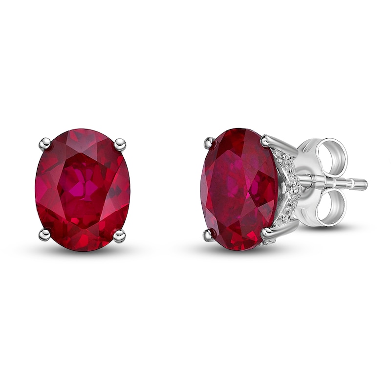 Main Image 1 of Lab-Created Ruby Stud Earrings 1/8 ct tw Round 10K White Gold
