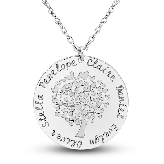 Engravable Family Tree Pendant Necklace 14K White Gold 25mm 18" Adj.