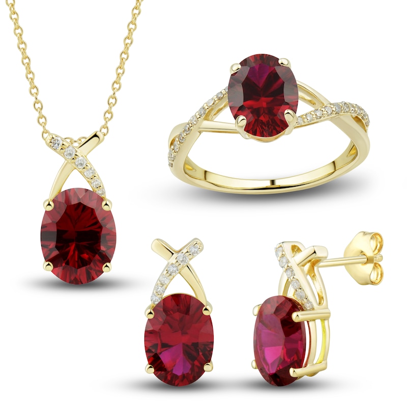 Lab-Created Ruby Ring, Earring & Necklace Set 1/5 ct tw Diamonds 10K ...